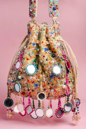 Gold Multicolor Beaded Mirror Potli with Tassels and Festive Detailing