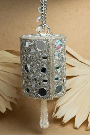 Silver Mirror and Abla Work Cylindrical Potli with Elegant Festive Charm