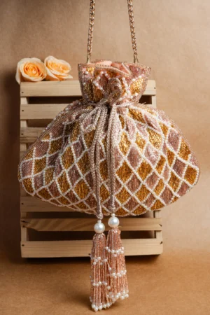 Shaded Gold and Rose Pink Clutch with Criss Cross Pearl Embellishment