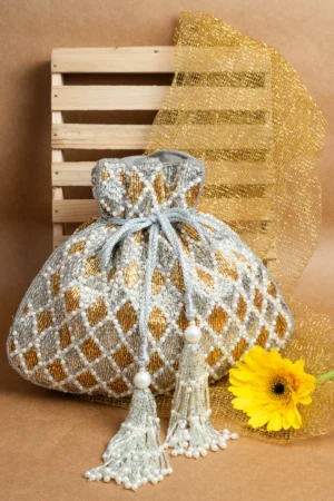 Shaded Gold & Silver Potli with Criss-Cross Delicate Pearl Embellishment