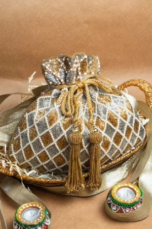 Shaded Silver Potli with Criss-Cross Delicate Pearl Embellishment