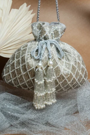 Shaded Silver & Gold Potli with Criss-Cross Delicate Pearl Embellishment