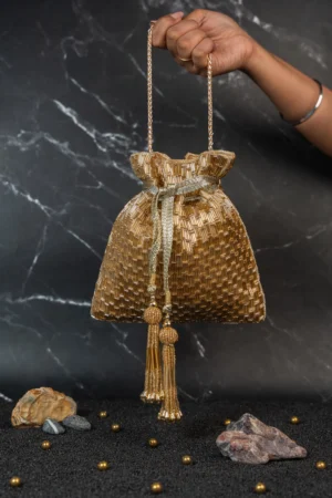 Gold Tube Beaded Geometric Potli Bag with Structured Texture and Tassels