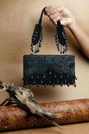 Black Beaded Box Clutch with Embellished Handle and Elegant Tassels