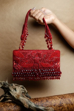 Red Beaded Box Clutch with Embellished Handle and Elegant Tassels