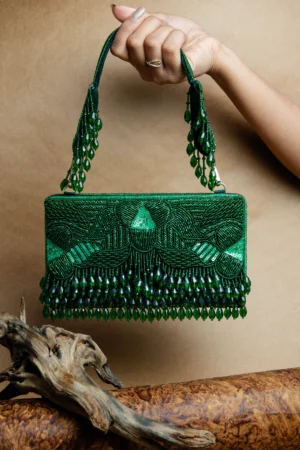 Green Beaded Box Clutch with Embellished Handle and Elegant Tassels