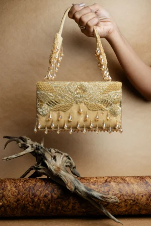 Gold Beaded Box Clutch with Embellished Handle and Elegant Tassels