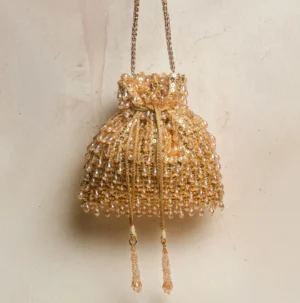 Gold Beaded Potli with Dangling Jewels and Subtle Sequin Finish
