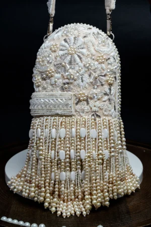 White Beaded Box Clutch with All-Over Tassel Embellishment