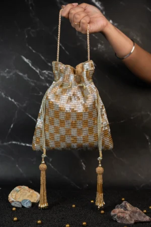 Gold & Silver Dual Tone Tube Beaded Potli Bag with Geometric Texture Finish