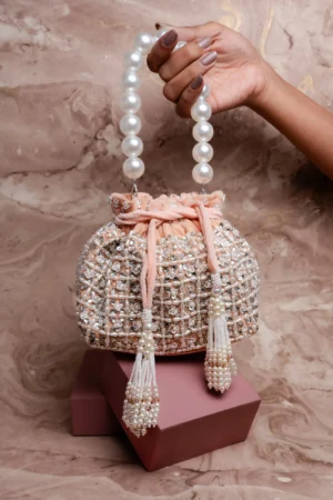 Blush Pink Sequin, Beaded & Pearl Work Potli with Luxurious Pearl Finish