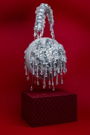 Silver White Beaded Ball Clutch with Shimmering Tassel Embellishment