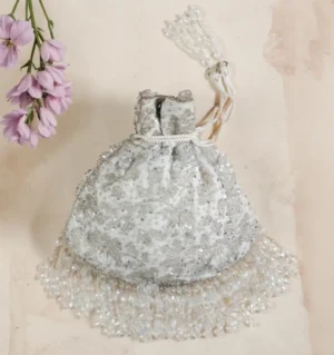 Leafy White Beaded Potli Bag with Silver Leaf Embroidery and Crystal Fringe