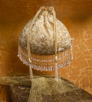 Gold Leafy Brocade Potli Bag with Zari Embroidery, Sequins and Beaded Tassels