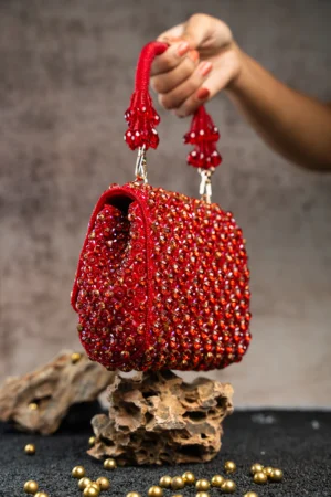 Wine Crystal Beaded Mini Bag with Dazzling Beaded Handle and Luxe Finish