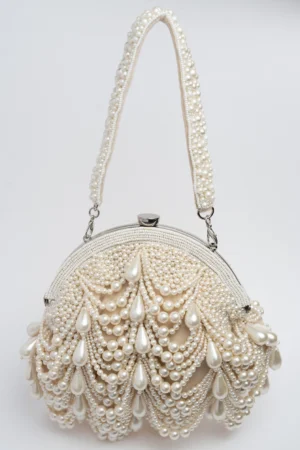 White Pearl Scalloped Frame Clutch with Pearly Beaded Handle Detail