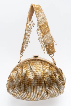 Gold Embellished Clutch with Pearly Handle and Elegant Festive Finish
