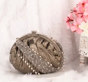 Pewter Embellished Clutch with Pearly Handle and Elegant Glam Finish