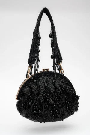 Black Beaded Clutch with Studded Frame Finish and Beaded Tassel Handle