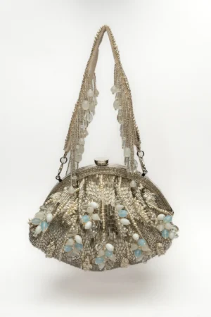 Silver and Grey Beaded Clutch with Studded Frame and Beaded Tassel Handle