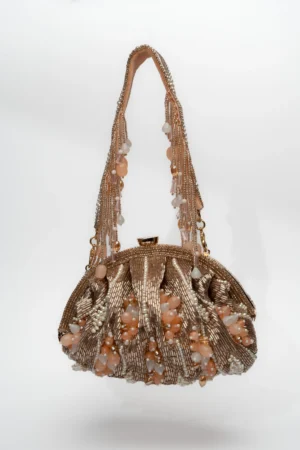 Copper and Grey Beaded Clutch with Studded Frame and Beaded Tassel Handle