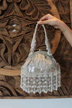Silver Half Frame Clutch with Pearl and Crystal Tassel Embellishments