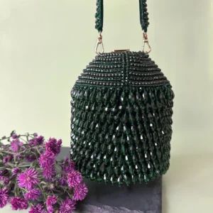 Green Crystal Embellished Potli with Tassels and Decorative Lock Detail