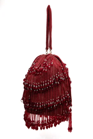 Maroon Velvet Potli with Crystal Tassels and Elegant Festive Detailing