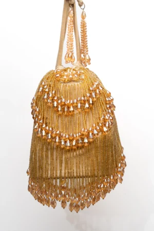 Gold Velvet Potli with Crystal Tassels and Elegant Festive Detailing