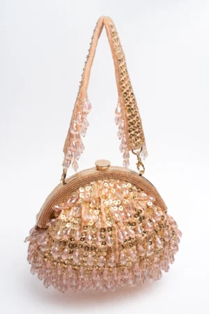 Rose and Dull Gold Jewel Embellished Clutch with Sequinned Frame Finish