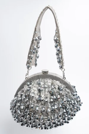 Pewter Silver Jewel Embellished Clutch with Subtle Sequinned Frame Finish