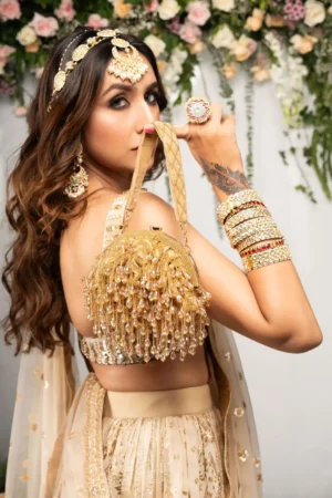 Gold Jewel Embellished Clutch with Sequinned Frame and Glam Detailing