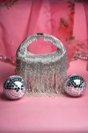 Silver Tasseled Potli with Beaded Tassels and Contemporary Glam Finish