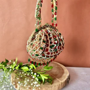 Bold Colour Beaded Clutch with Studded Frame and Beaded Handle Finish