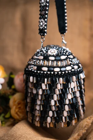 Black and Off White Beaded Potli with Decorative Lock Detail