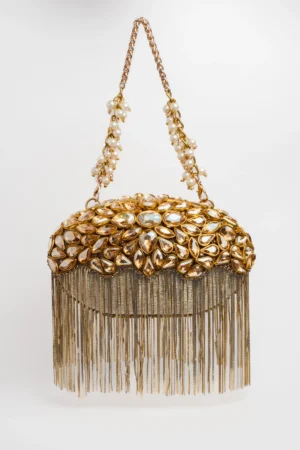 Gold Jewel and Diamond Studded Clutch with Metallic Chain Handle